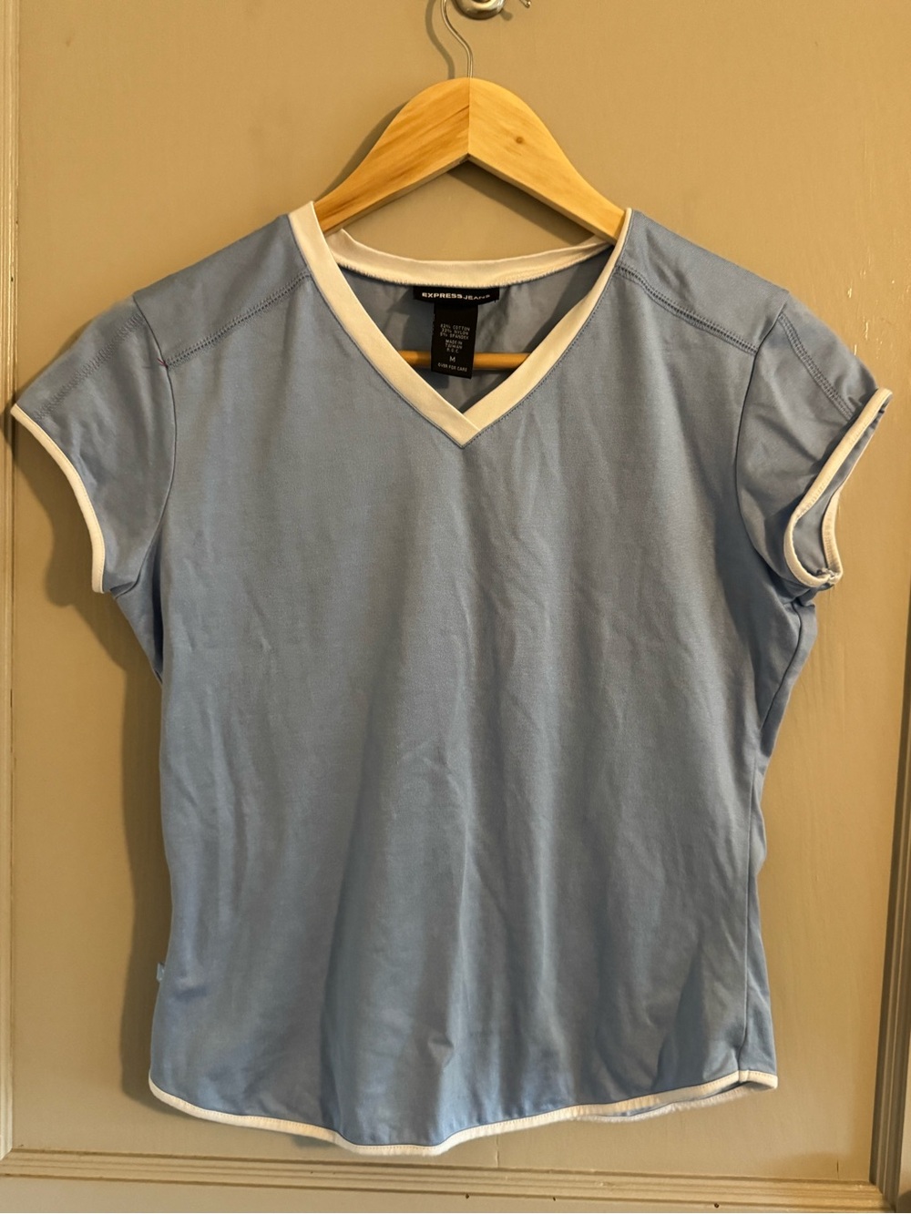 Express Light Blue V-Neck Short Sleeve Tee with White Trim